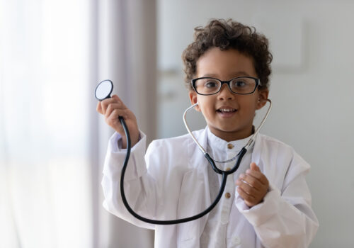 Cute,Small,African,American,Kid,Boy,Wear,Medical,Uniform,Glasses