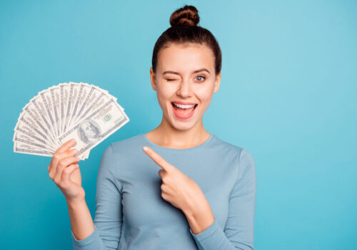 Portrait,Positive,Cheerful,Content,Student,Top-knot,Beautiful,Hold,Hand,Banknotes