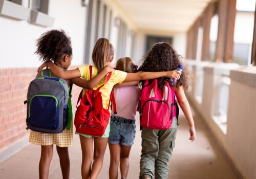 Rear,View,Of,Multiracial,Elementary,Schoolgirls,With,Backpacks,And,Arm